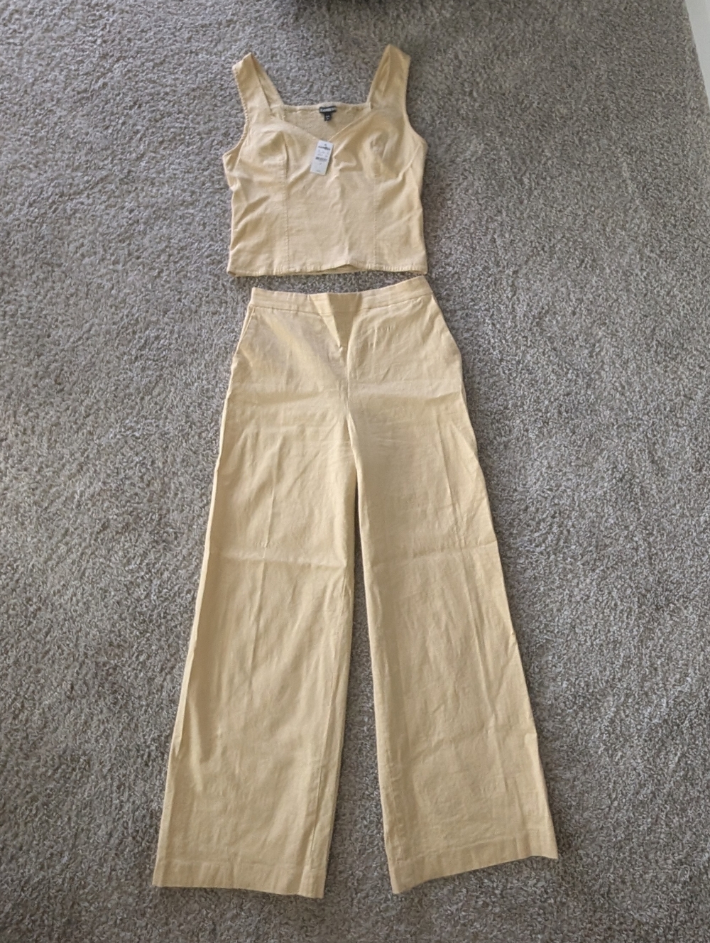 Express Wide Leg 2 Piece Linen Outfit Set In Yellow - Picture 2 of 9